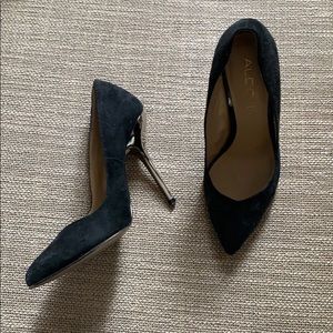 Aldo black suede silver metal mirrored stilettos